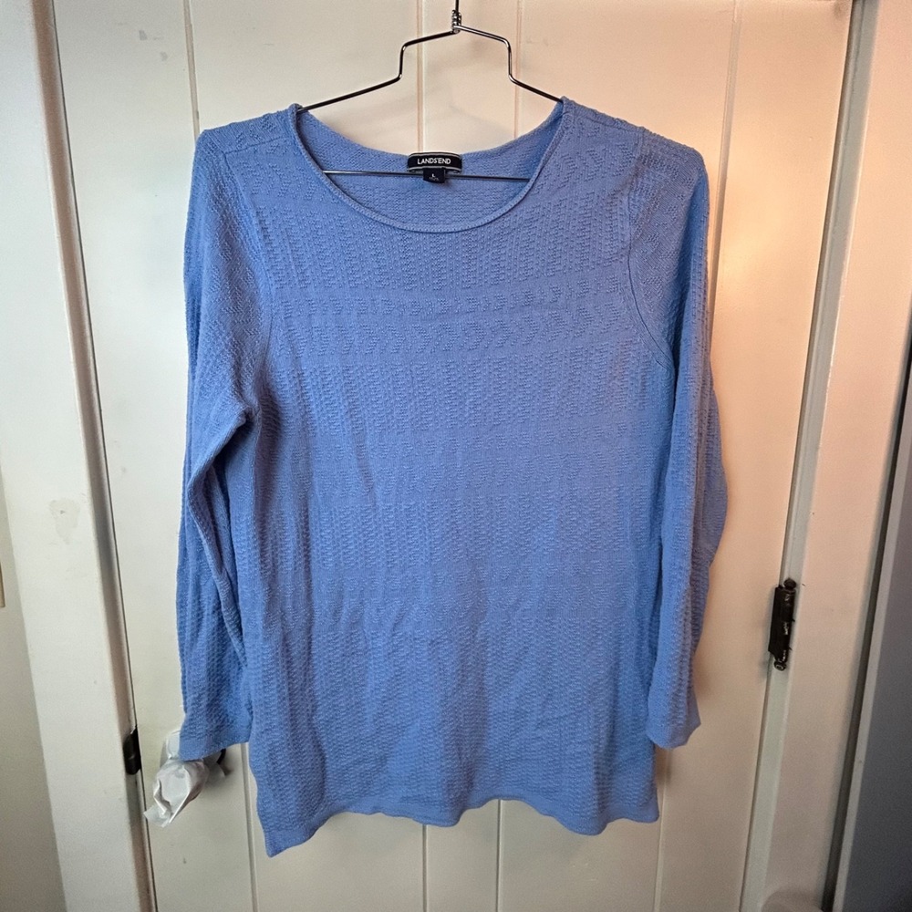 Lands End Sweater Womens Large Blue Knit Waffle Preppy Soft‎ Pullover